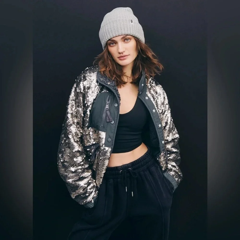 Free People Movement Hit The Slopes Sequin Jacket, Silver, X-Small, MSRP $298 - Picture 11 of 14